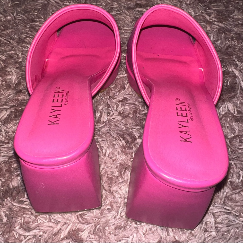 Kayleen Hot Pink Slip On Chunky Platform Slide Sandals - Picture 3 of 6